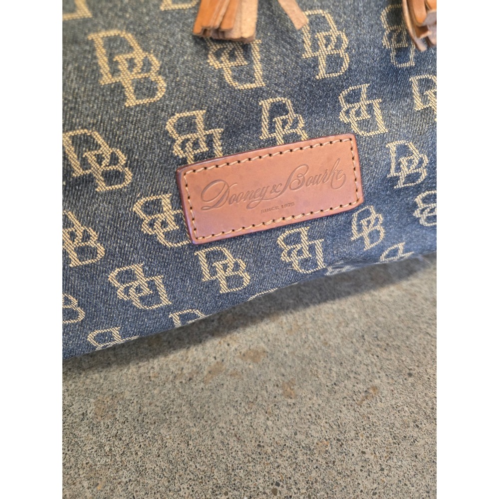 Dooney & Bourke Monogram Denim Canvas Leather Tassel Drawstring Tote Bag OS - Picture 3 of 9